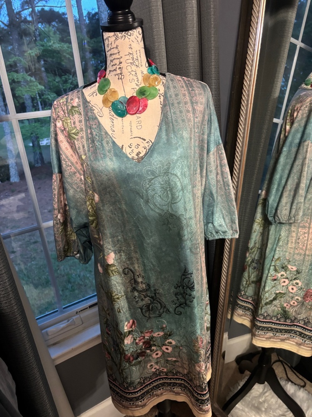 SHEIN Teal Floral V-Neck Boho Dress Summer Dress